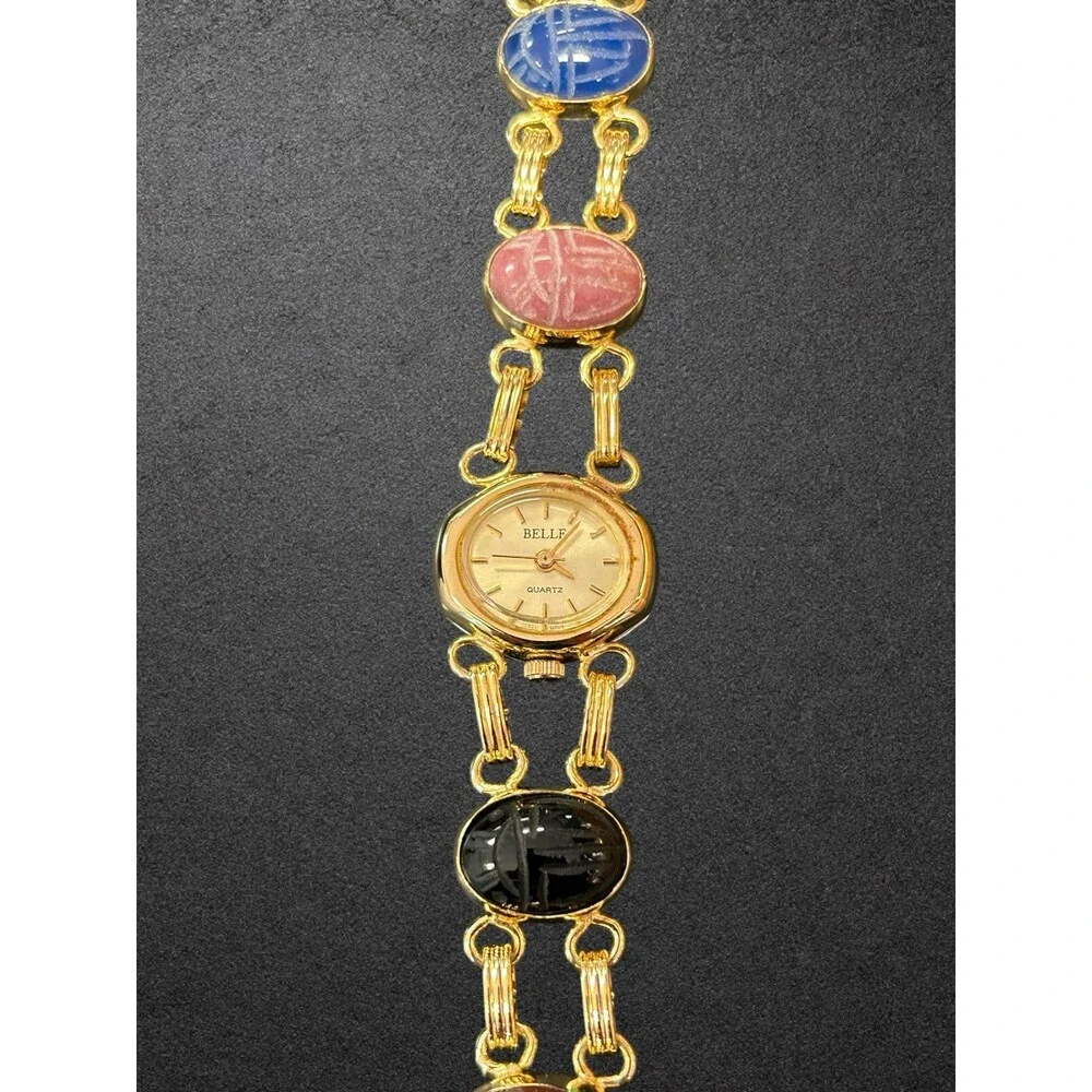 Belle Gold Tone Scarab Gemstone Bracelet Watch Quartz Needs Battery Vintage